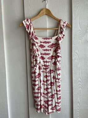 Kate Quinn Bamboo Romper XS Fish Print Red Cream Stretchy Pockets